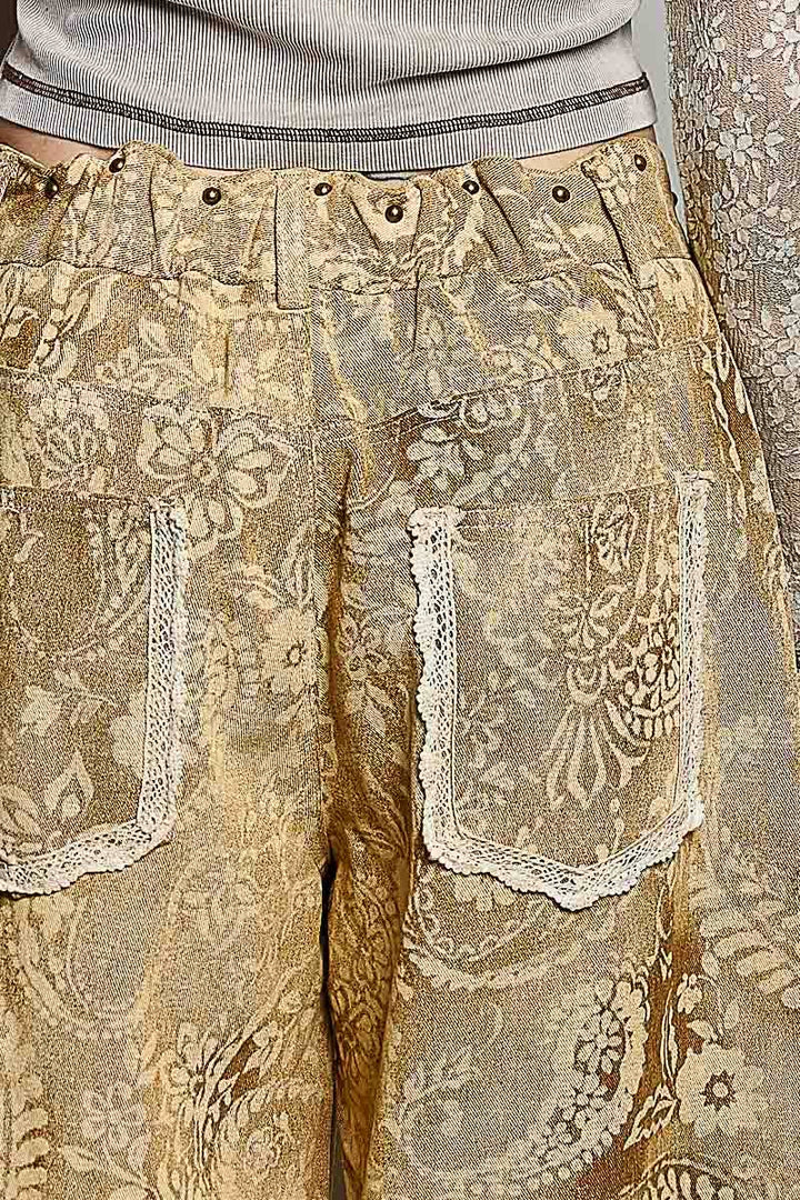 Floral Vintage Washed Raw Edge Elastic Waist Pants