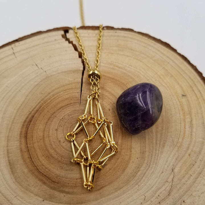 Gold Interchangeable Macramé Cage Necklace with reiki-infused mystery crystal, handcrafted boho jewelry