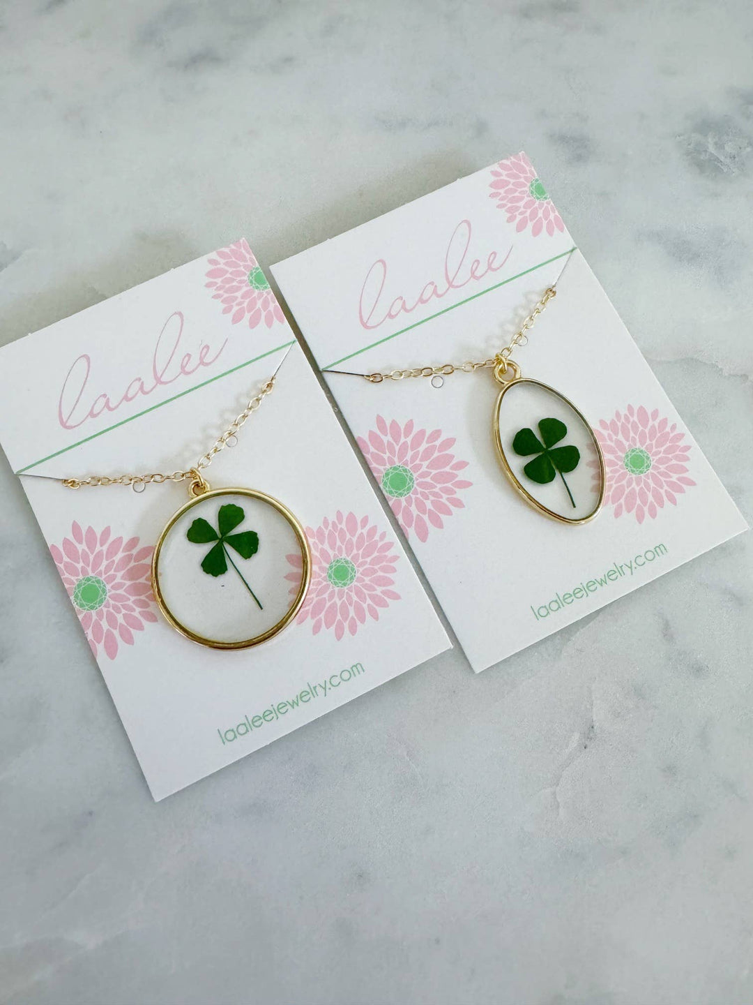 Handcrafted Four Leaf Clover Pressed Flower Necklace in 14k gold filled chain