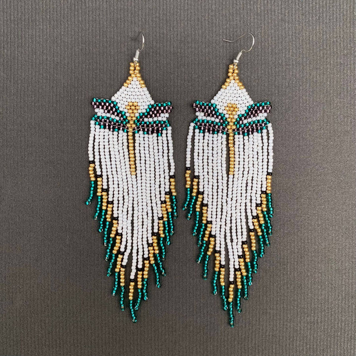Bohemian Dragonfly Seed Bead Fringe Dangle Earrings handcrafted coastal hippie spiritual jewelry