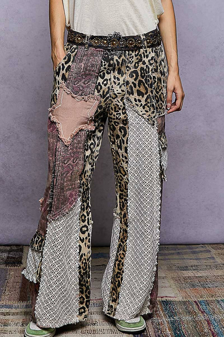 Leopard and purple patchwork woven twill pants in a relaxed boho fit