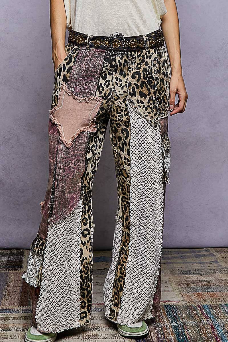 Leopard purple patchwork woven twill pants in relaxed boho coastal style size M