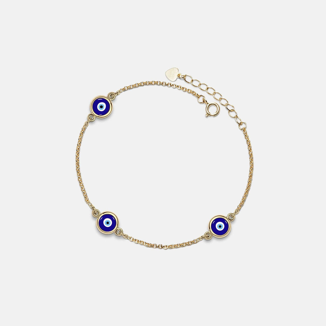 Triple Evil Eye Bracelet in gold plated sterling silver handmade protection jewelry