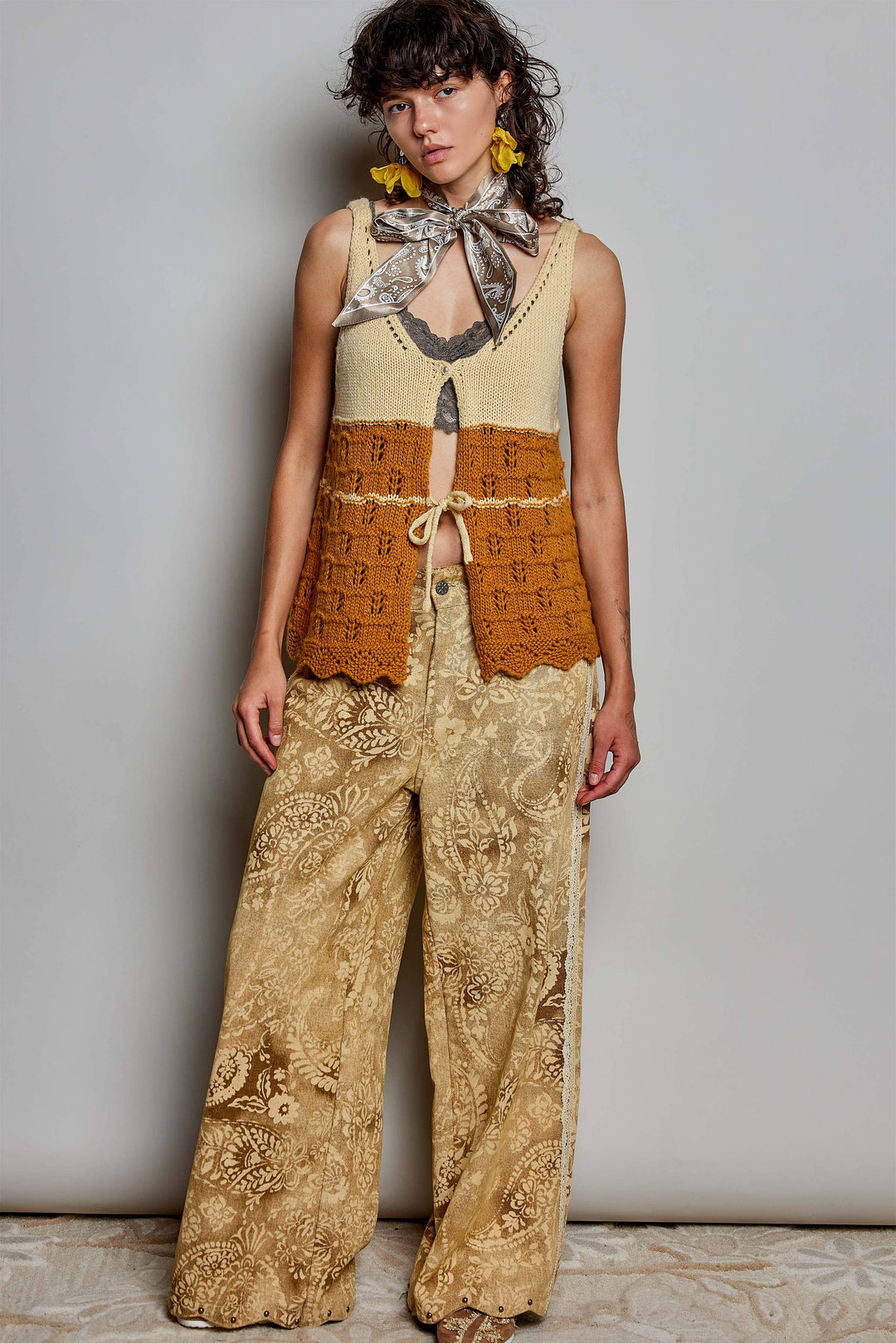 Floral Vintage Washed Raw Edge Elastic Waist Pants