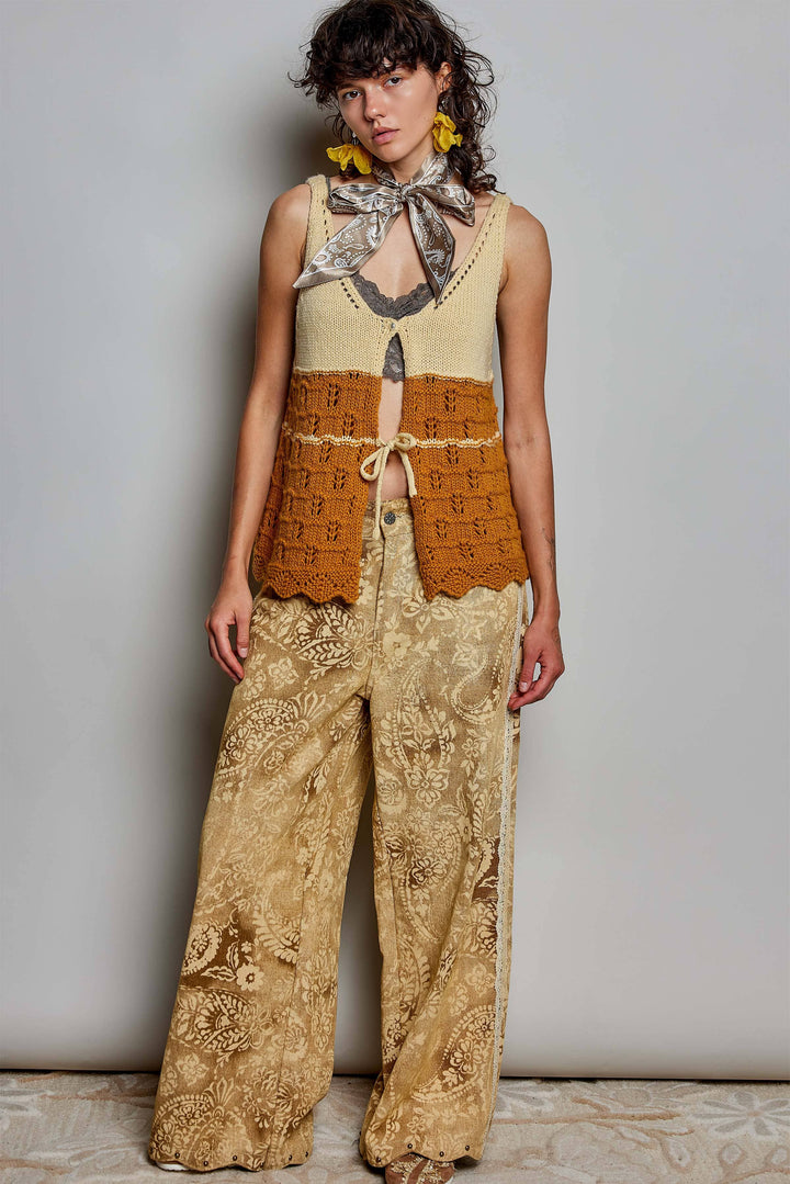 Floral Vintage Washed Raw Edge Elastic Waist Pants