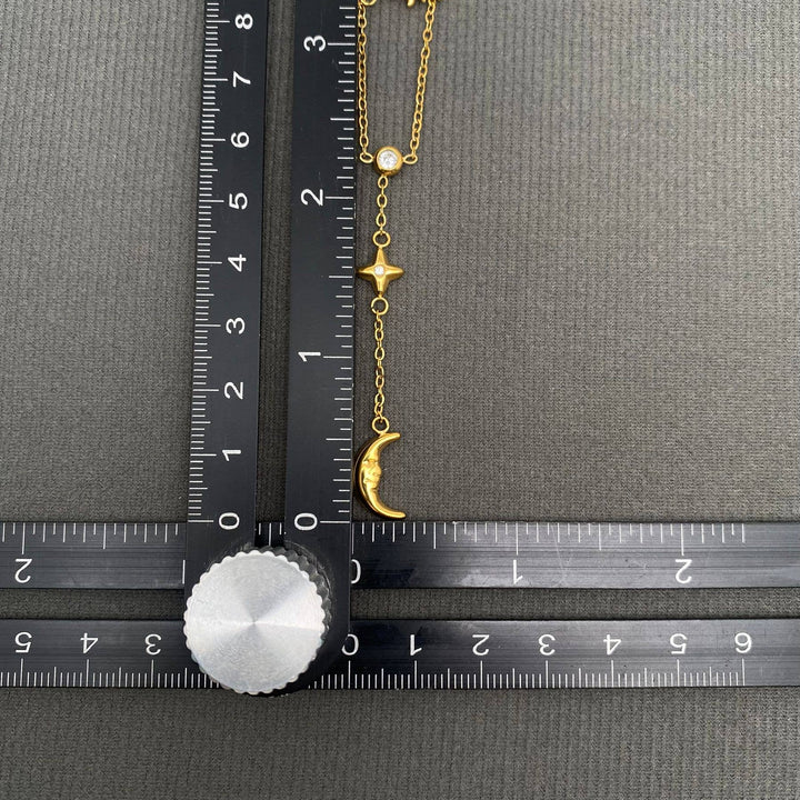 Sun Moon Star 18K Golden SS Double Chain Necklace