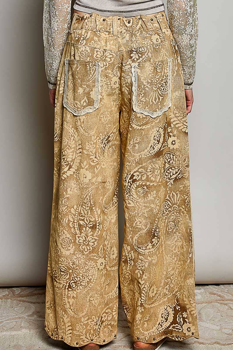 Floral Vintage Washed Raw Edge Elastic Waist Pants