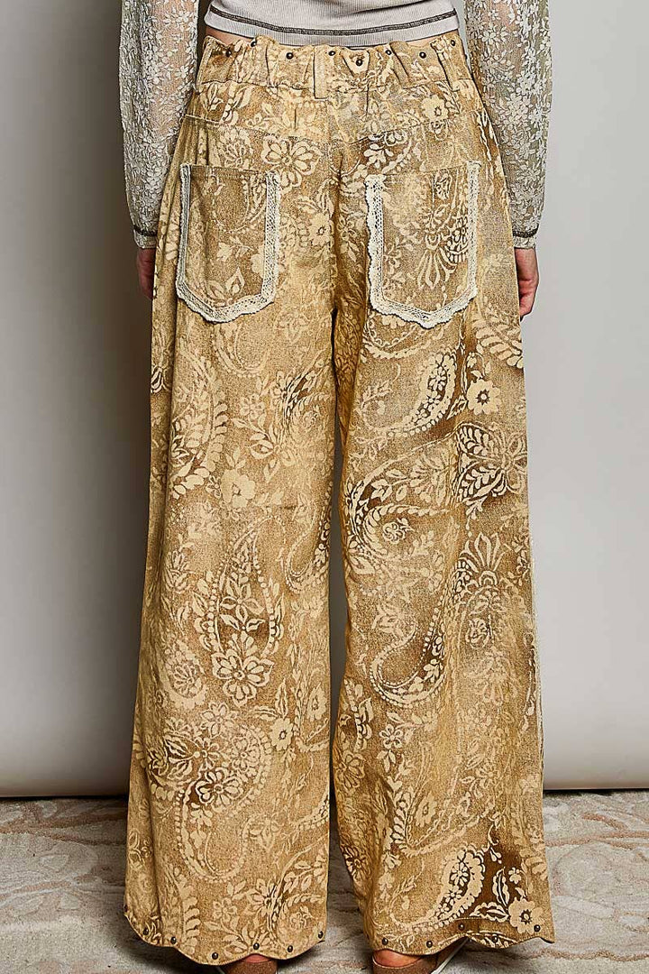 Floral Vintage Washed Raw Edge Elastic Waist Pants