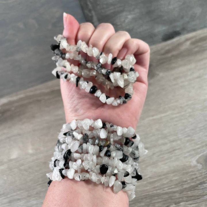 Healing Crystal Chip Bracelets with amethyst and rose quartz for boho coastal style