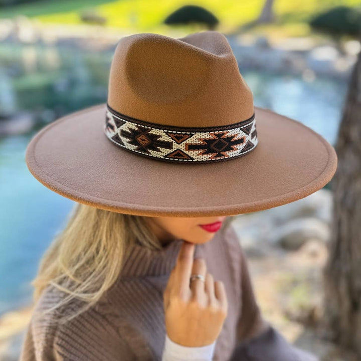 Camel Fedora with Aztec Print Ribbon in warm earth tones boho style