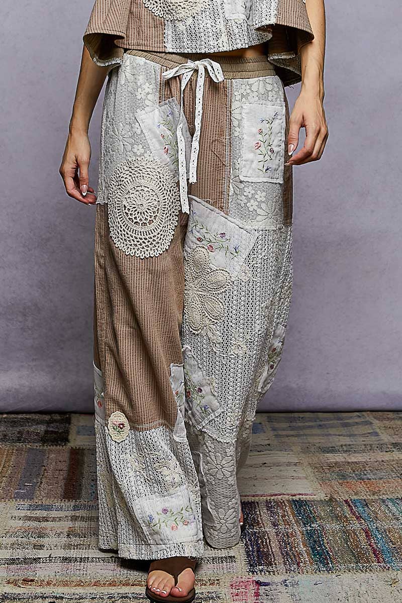 Lace Patch Detail Woven Pants with relaxed boho fit for coastal everyday wear
