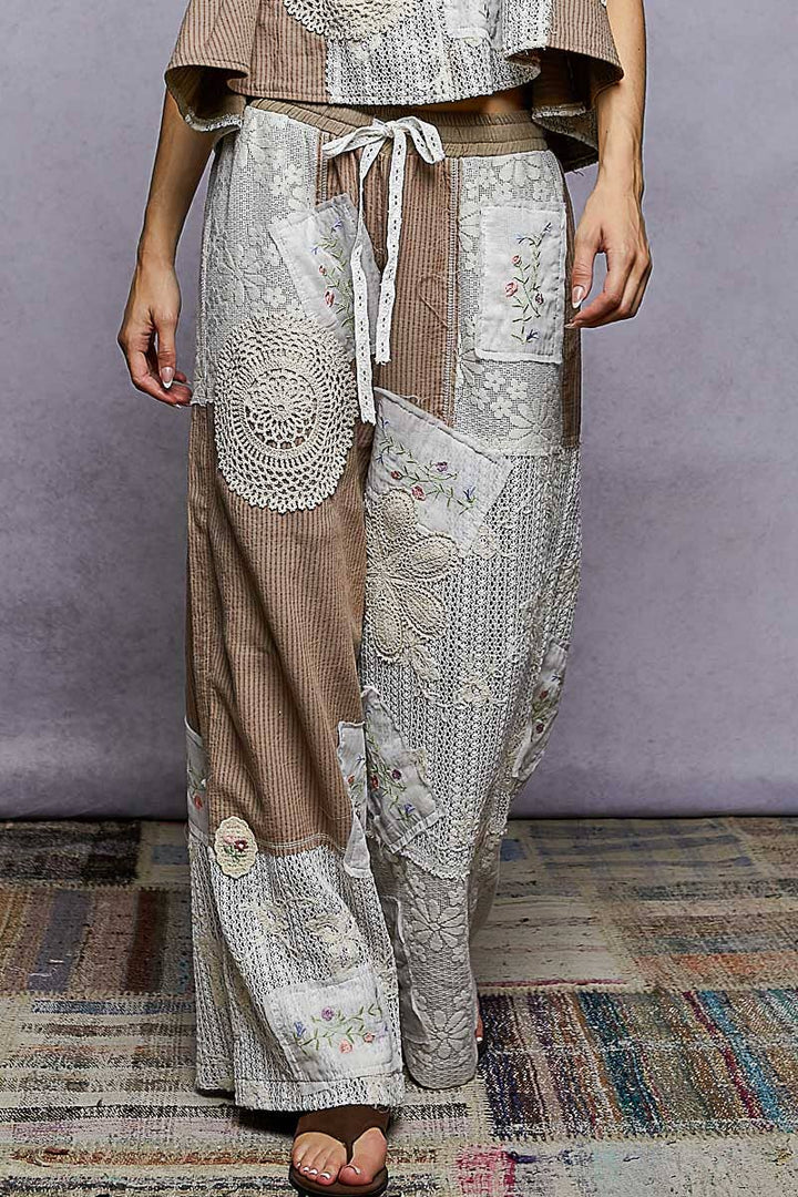Lace Patch Detail Woven Pants with relaxed boho fit for coastal everyday wear