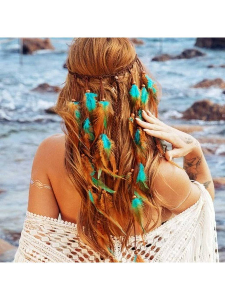 Boho Long Turquoise Feather Hair Headpiece for free-spirited coastal festival style
