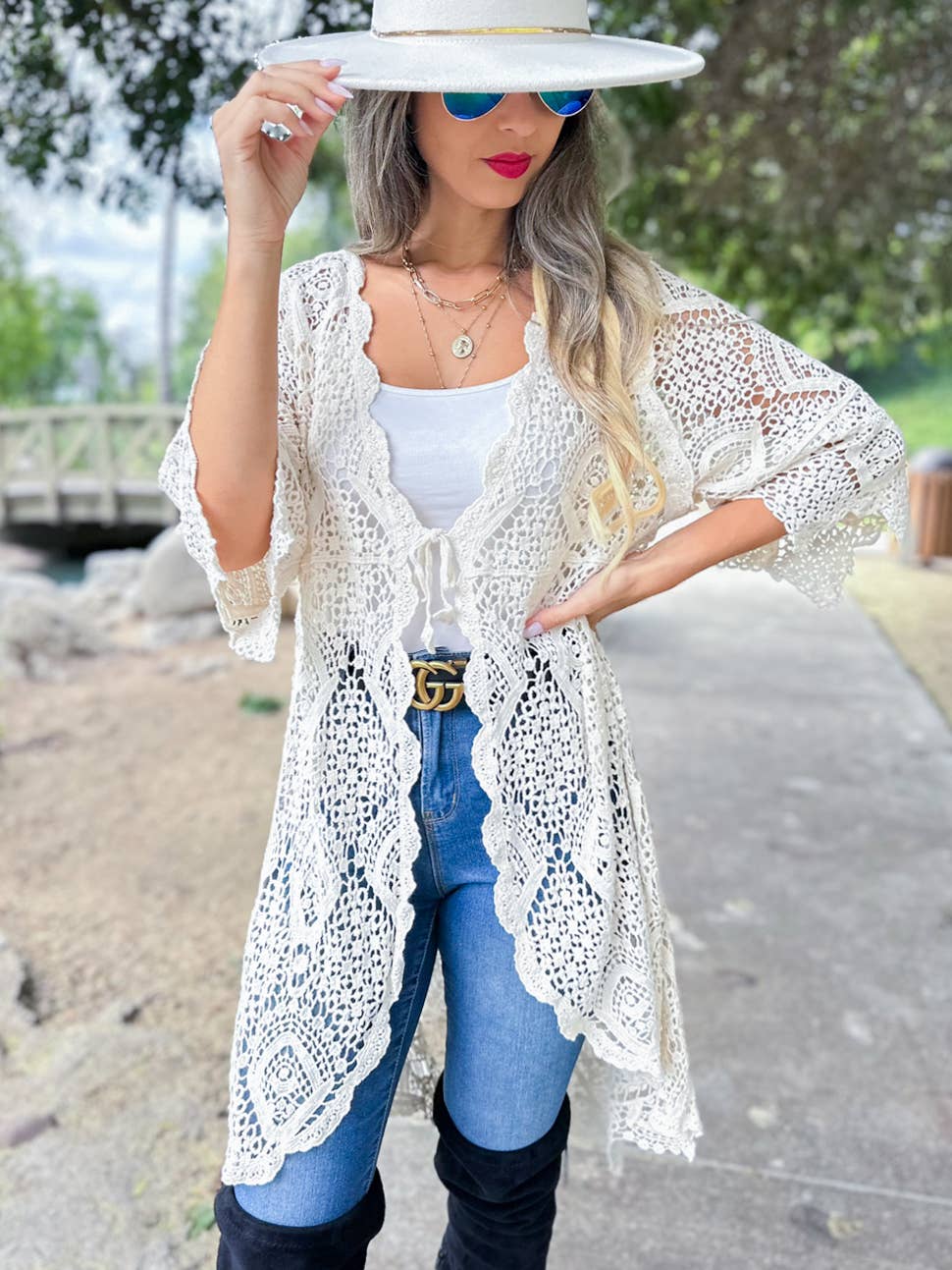 Boho open front high-low crochet cardigan with tie for coastal layering