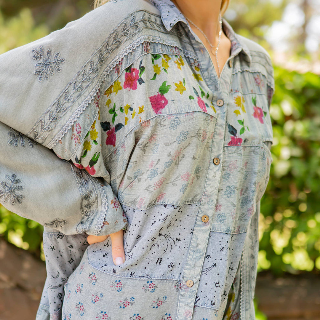 Long Sleeve Patchwork, Zodiac &amp; Constellation Design Top