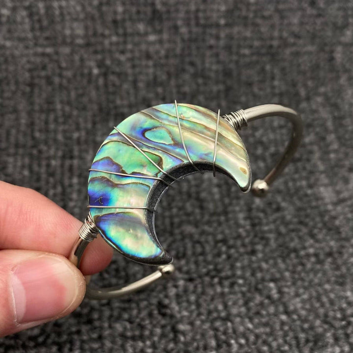 Moon Shape Natural Abalone Shell Cuff Bangle in warm coastal boho style