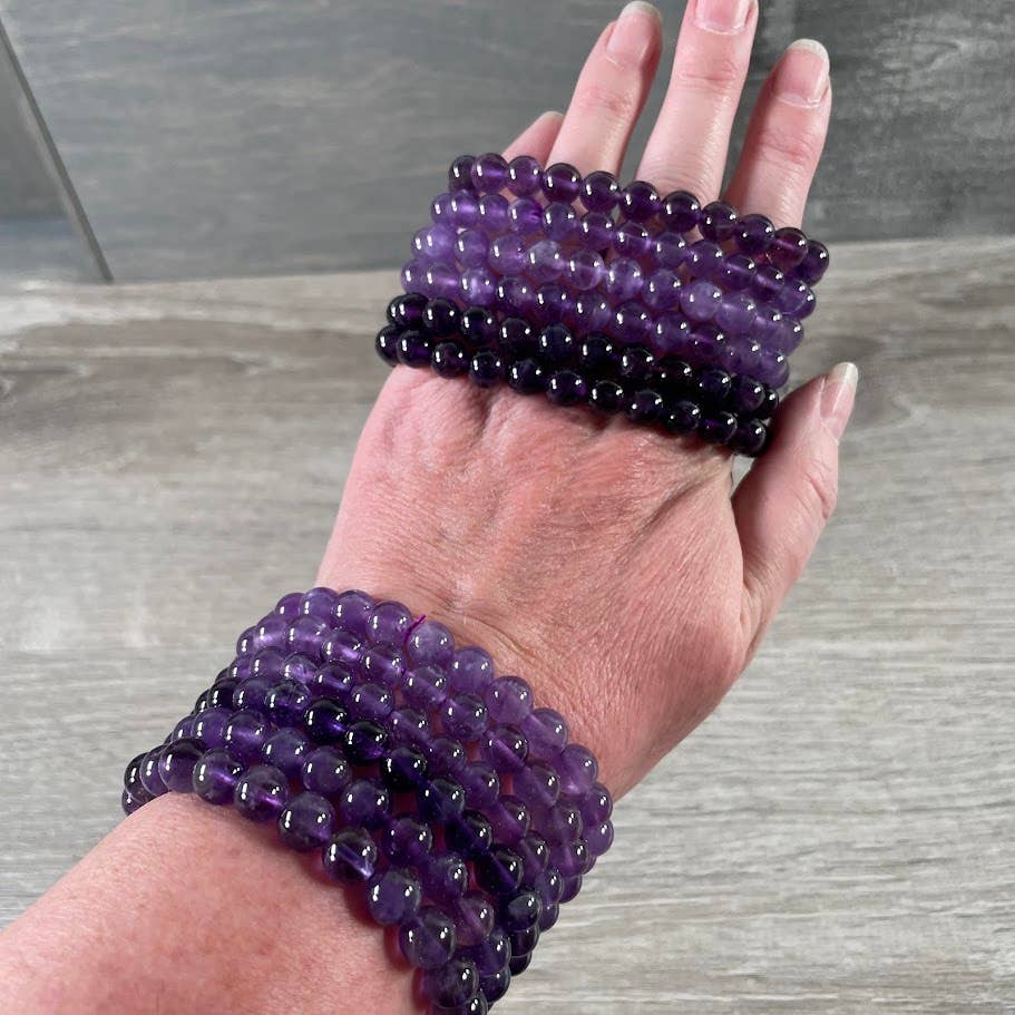 Healing Crystal Bracelets 8mm round beads in amethyst and rose quartz boho stackable stretch