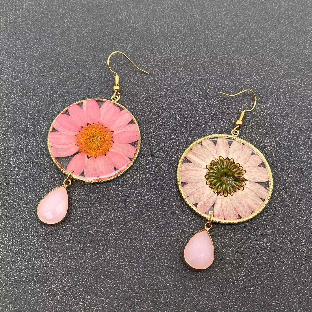 Pink Chrysanthemum Dried Flower Round Earrings handcrafted for the coastal bohemian soul