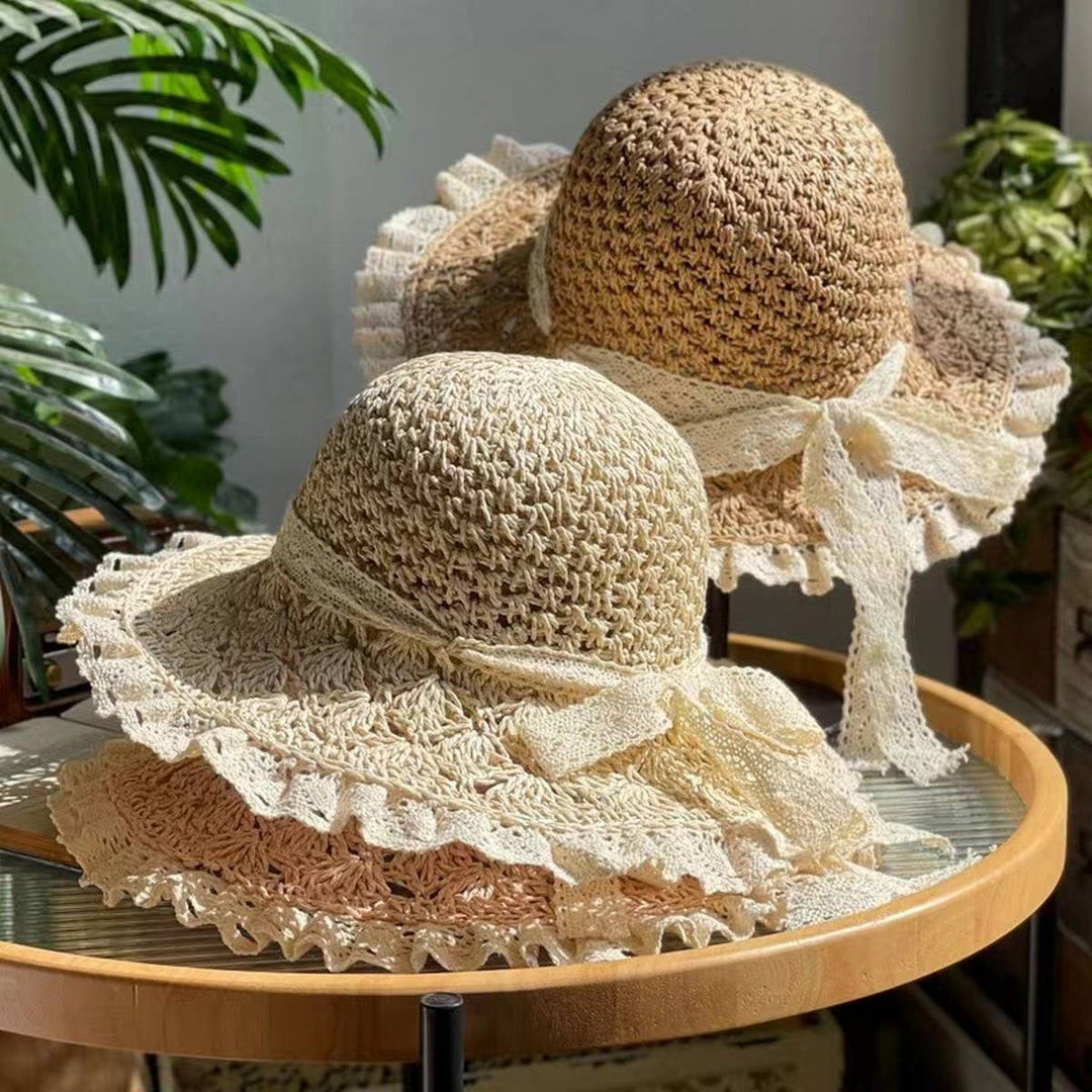 Lace Trim Sunshade Straw Hat with Bow