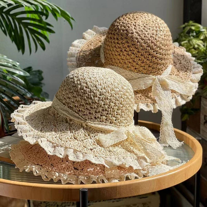 Lace Trim Sunshade Straw Hat with Bow