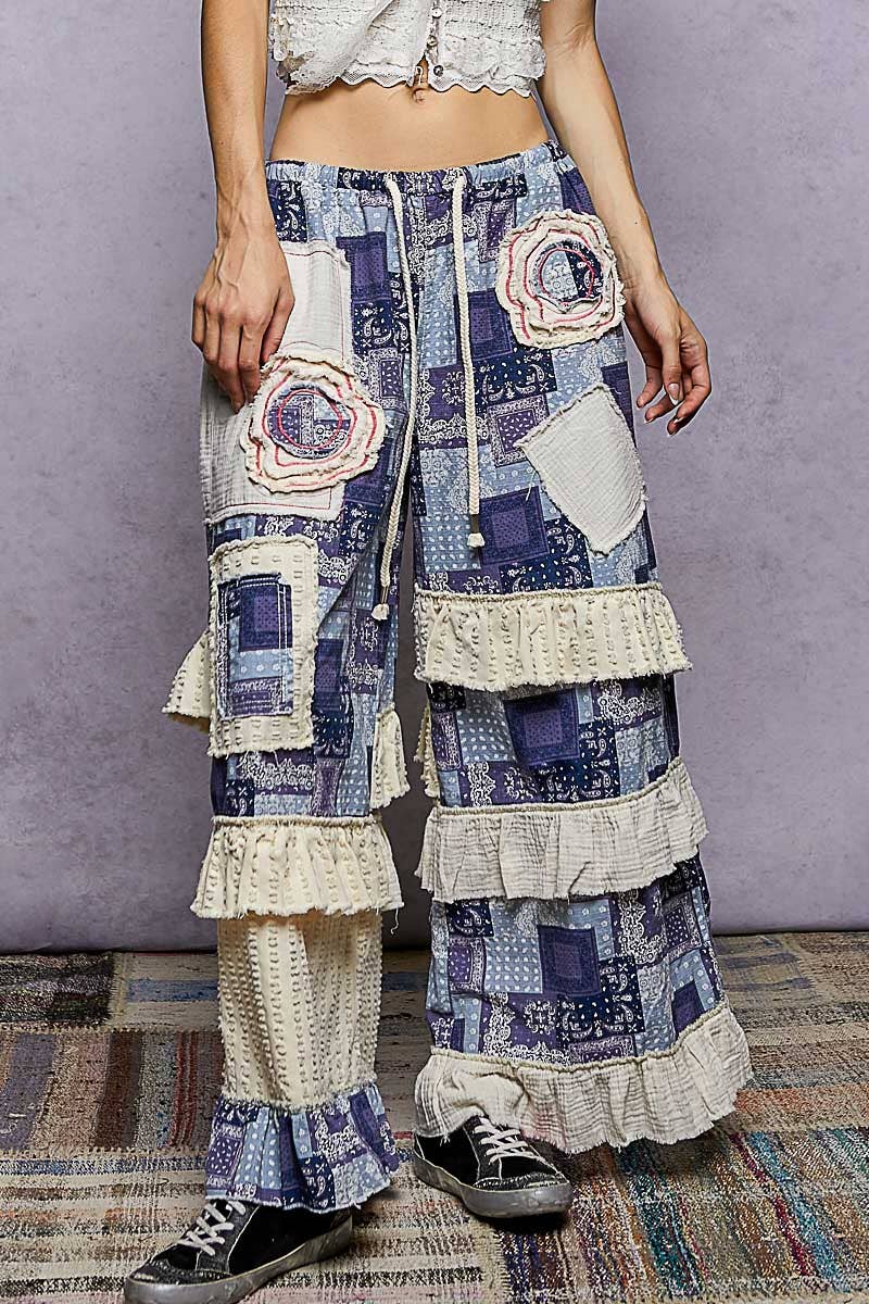 Twill Ruffle Printed Woven Wide Leg Pants with flowy boho coastal style