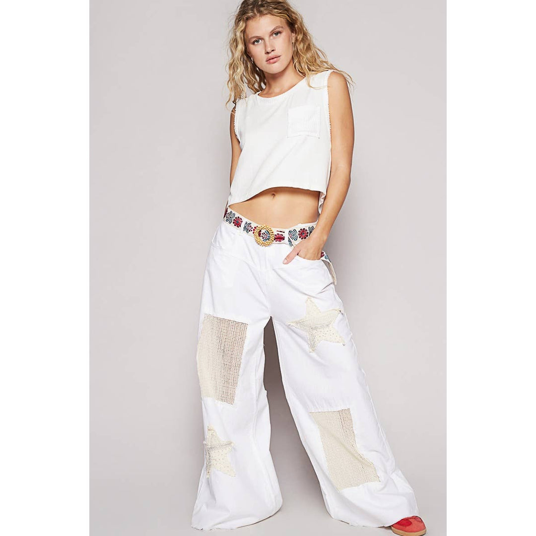 Vintage Washed Crochet Star Patch Pants with wide leg boho coastal style