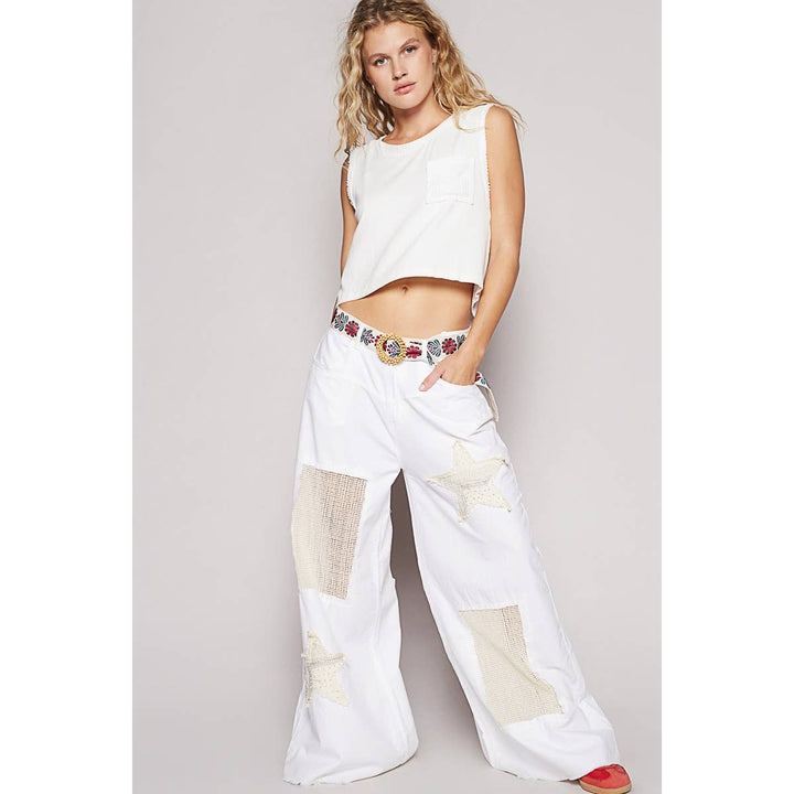 Vintage Washed Crochet Star Patch Pants with wide leg boho coastal style