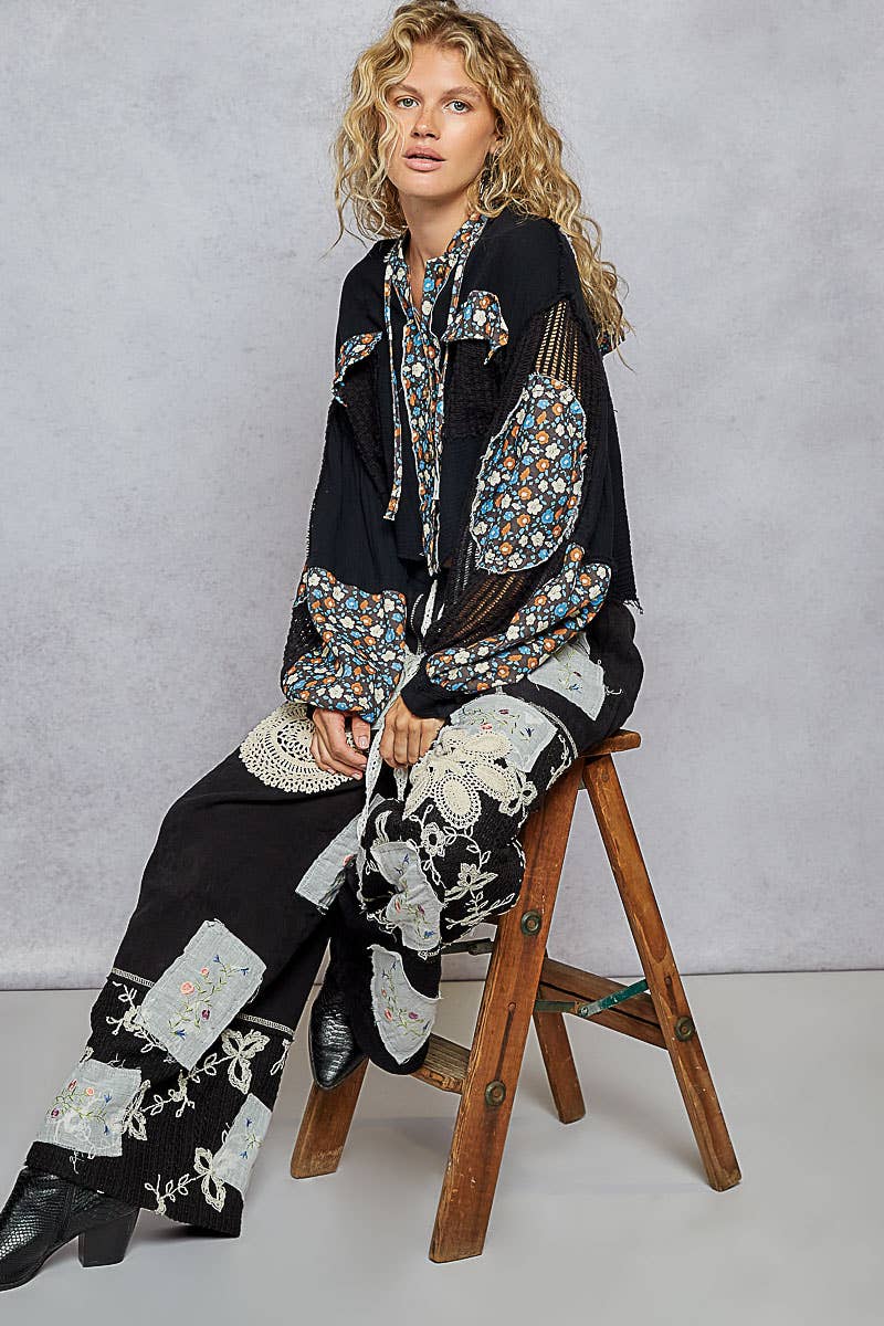 Lace Patch Detail Woven Pants