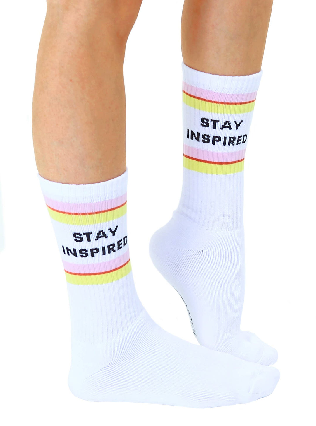 White Stay Inspired ribbed crew socks from Anchored Soul coastal hippie boutique