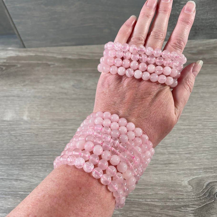 Healing Crystal Bracelets 8mm round beads in rose quartz and amethyst boho stacking style