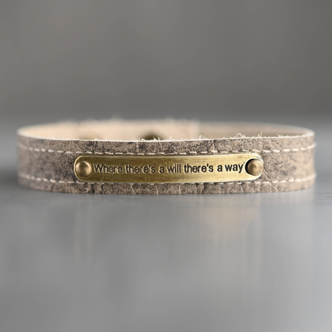 Black leather stacker cuff bracelet with brass plaque engraved Where Theres a Will Theres a Way