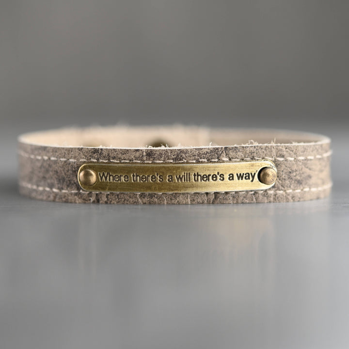 Black leather stacker cuff bracelet with brass plaque engraved Where Theres a Will Theres a Way