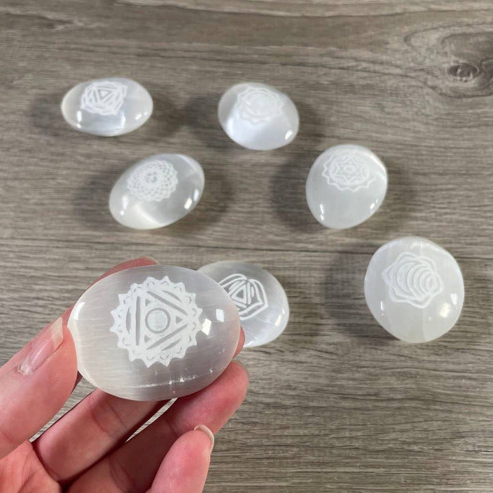 Selenite Small Palm Stones – Etched Chakra Symbols | Set of 7