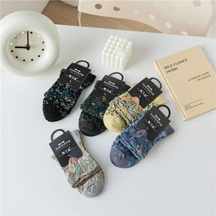 Retro Flower Pattern Mid-Calf Socks 5-Pack with vintage floral boho coastal style
