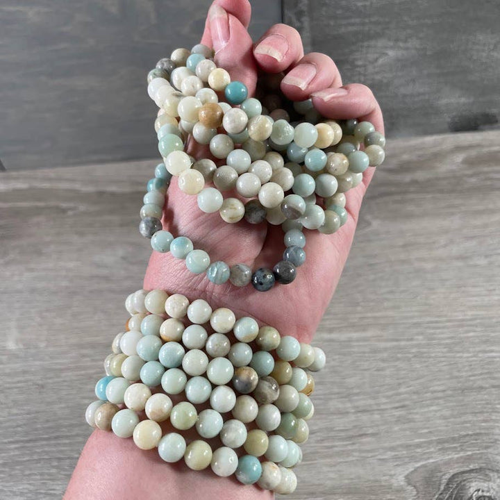 Healing Crystal Bracelets 8mm round beads in amethyst and rose quartz boho stackable