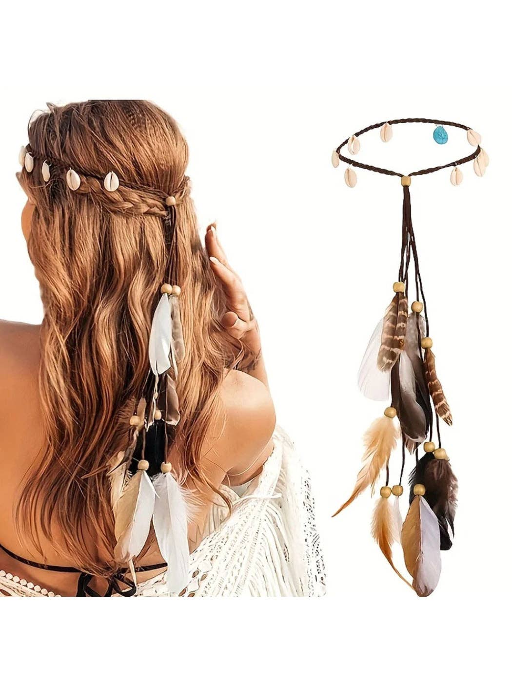 Boho Shell Feather Tassel Hair Headpiece for beach weddings and festival style