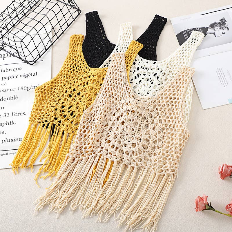 Boho Crochet Knit Fringe Tank Top Cover Up