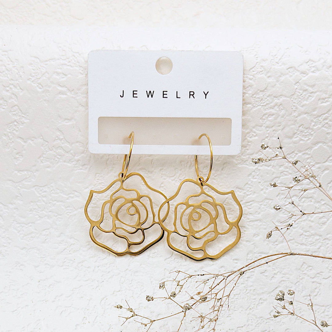 Rose flower hoop earrings handcrafted June birth flower birthday gift coastal style