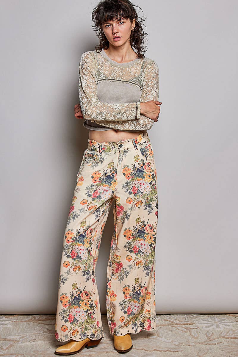Floral Vintage Washed Raw Edge Elastic Waist Pants