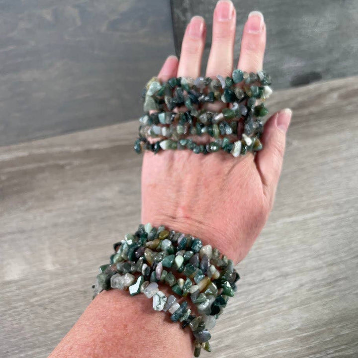 Healing Crystal Chip Bracelets with amethyst and rose quartz for boho coastal style