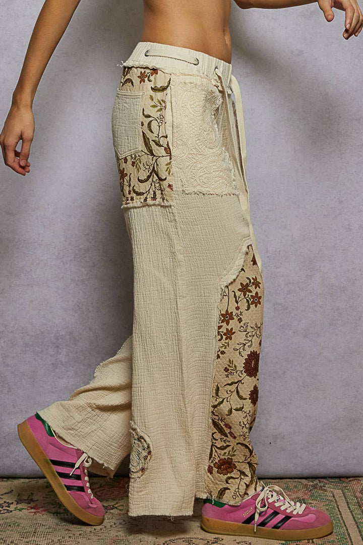 Natural double gauze floral patches woven pants in small size coastal boho style