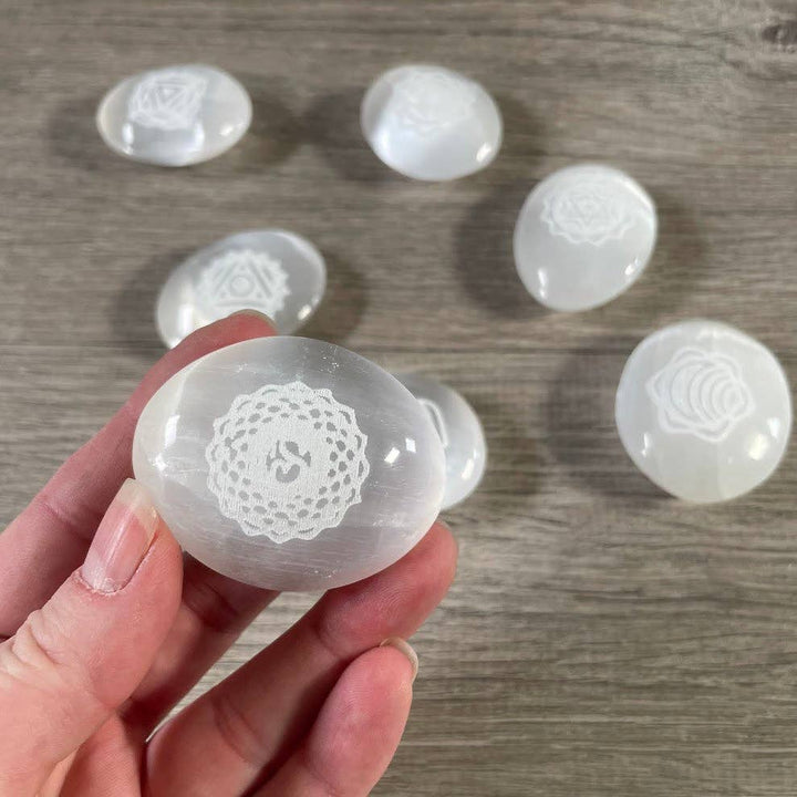 Selenite Small Palm Stones – Etched Chakra Symbols | Set of 7