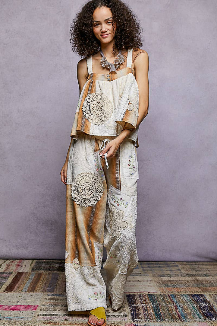 Lace Patch Detail Woven Pants with relaxed coastal boho fit and artisan lace accents