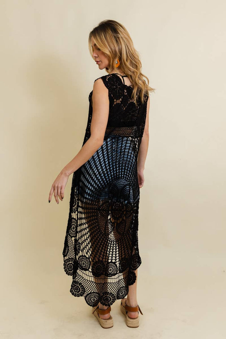 Boho Crochet Lace Trim Long Back Vest in breezy coastal festival style