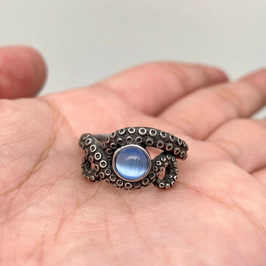 Blue gemstone octopus tentacle stainless steel ring with coastal boho charm