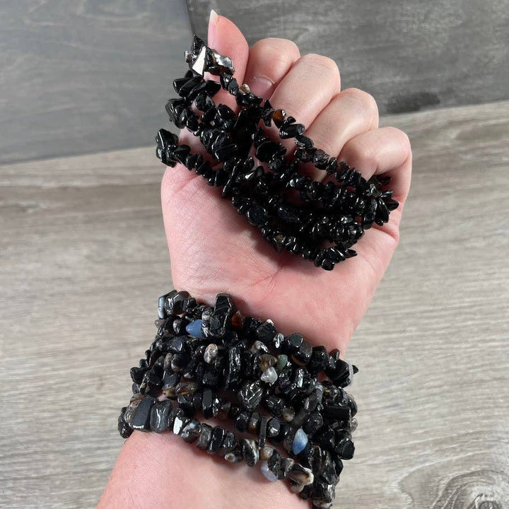 Healing Crystal Chip Bracelets with amethyst and rose quartz for coastal boho style