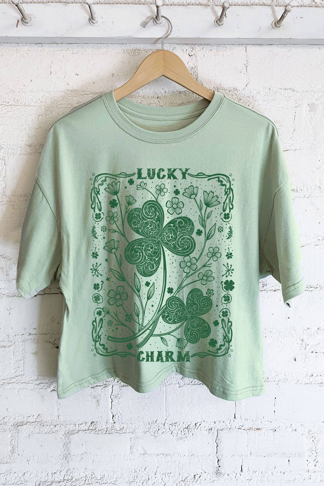 Lucky Charm Clover Graphic Long Crop Top green boho coastal tee