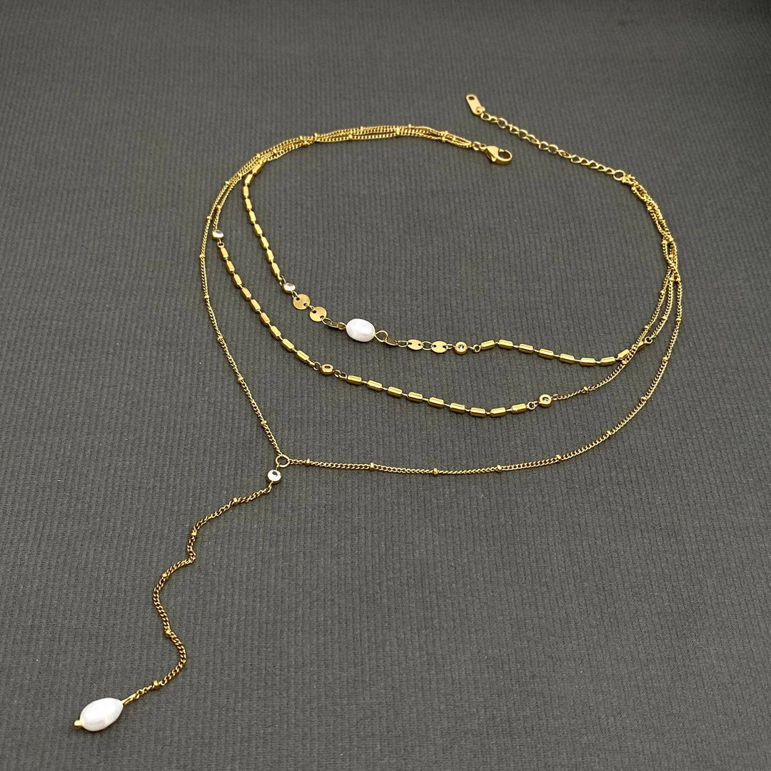 Freshwater Pearl 18K Golden SS 3 Layer Y-neck Necklace handcrafted coastal boho jewelry