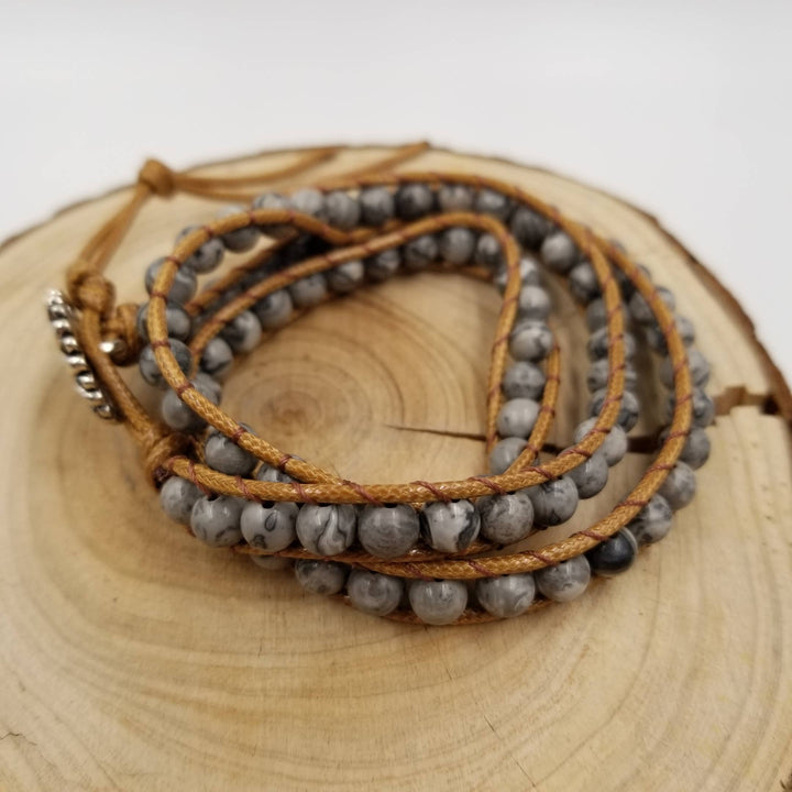 Handmade multi-layer natural stone leather bracelet with chakra-aligned coastal boho style