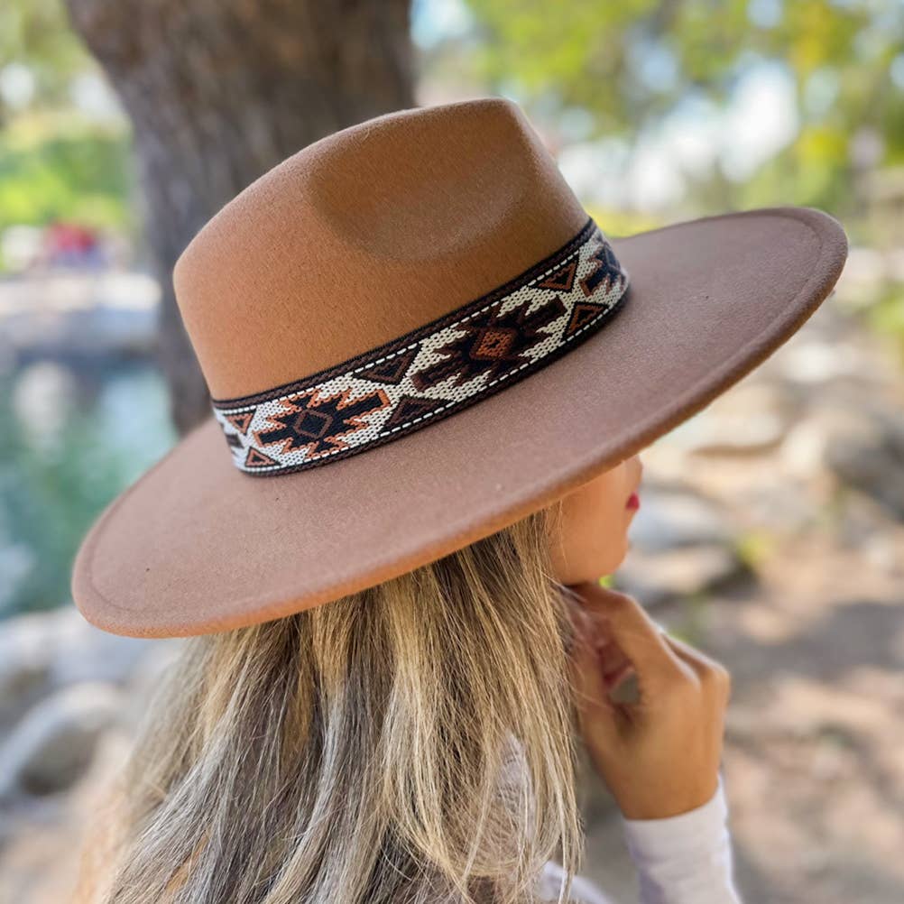Camel Fedora with Aztec Print Ribbon in warm earth tones boho coastal style